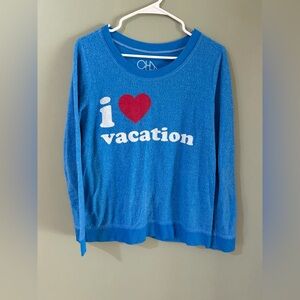 Chaser I Love Vacation Blue Long Sleeve Pullover Top Sz M Graphic Soft